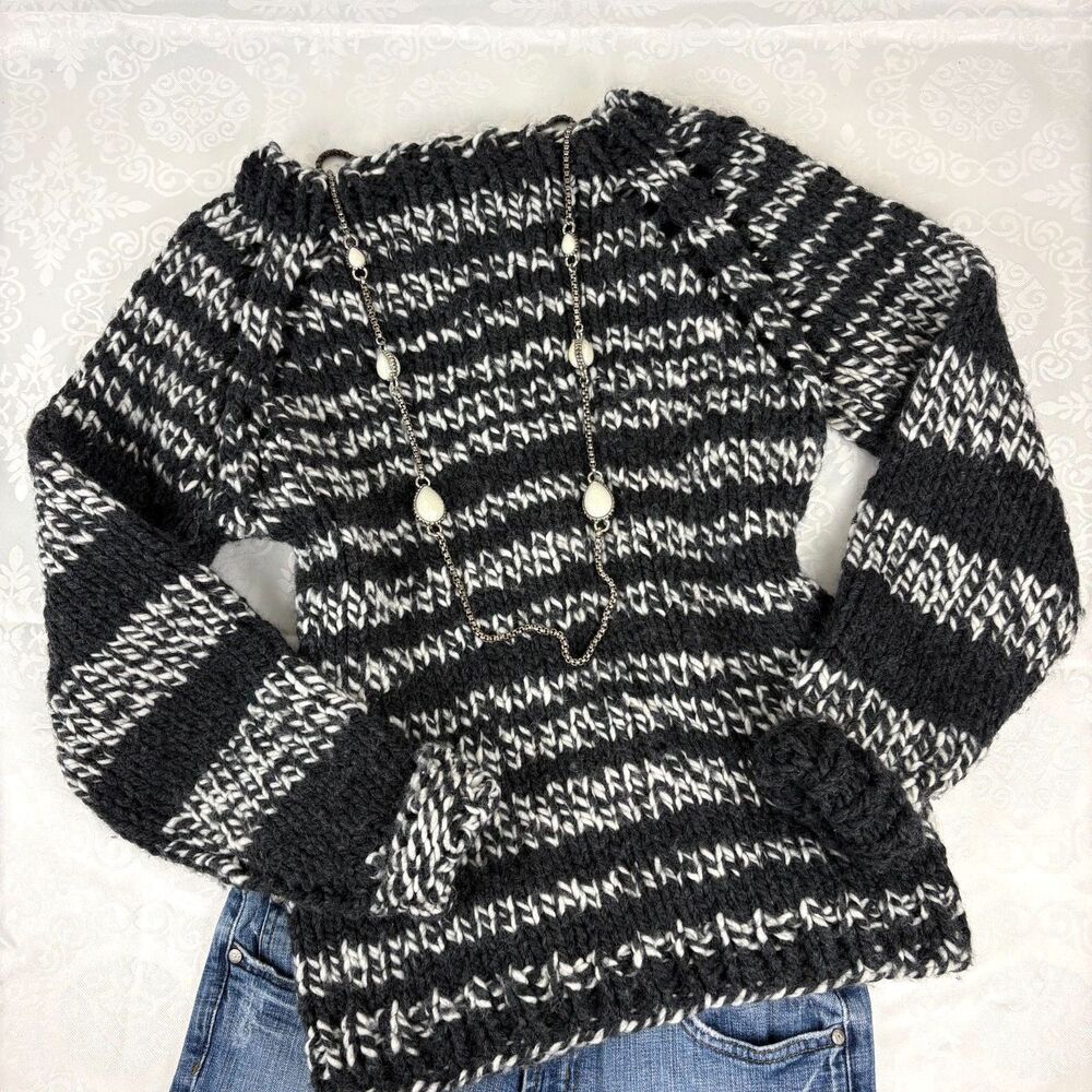Handmade Sweater Wool Blend Chunky Knit Stripe Cozy Fisherman Pullover Indie M/L